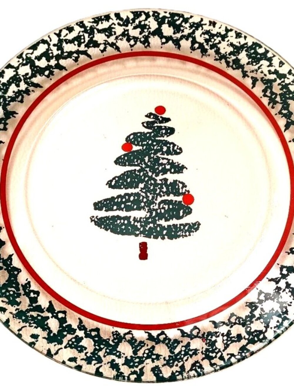 Set of 4 Furio 9 in. Clear Luncheon Plates with Sponged Xmas Trees and Red Trim